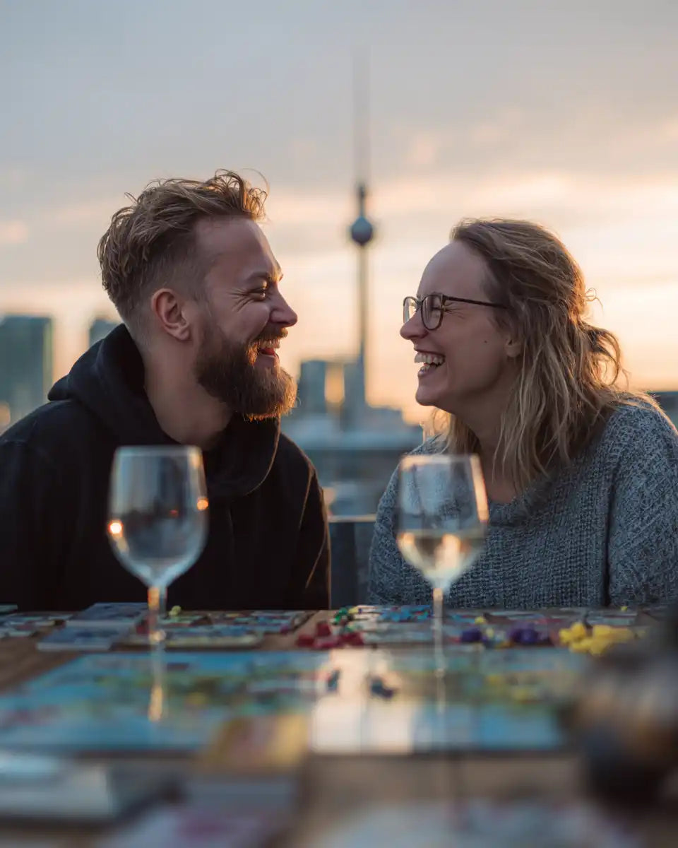 Ein lachendes Paar, das draußen bei Sonnenuntergang Getränke teilt und ein Brettspiel spielt.