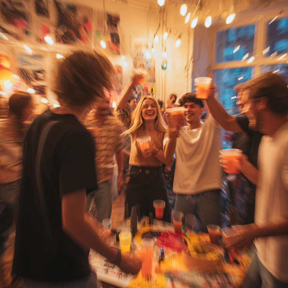 Coole Trinkspiele 2025 - Freunde bei stylischer Homeparty mit TrinkspielZone Partyspielen
