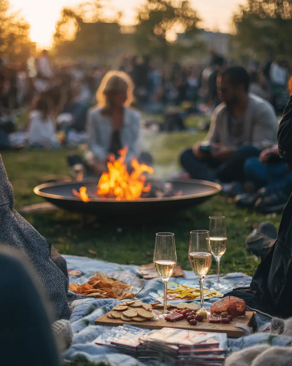 Partyspiele Fußball 2025 - Freunde bei Outdoor-Event mit Feuerschale und TrinkspielZone Partyspielen