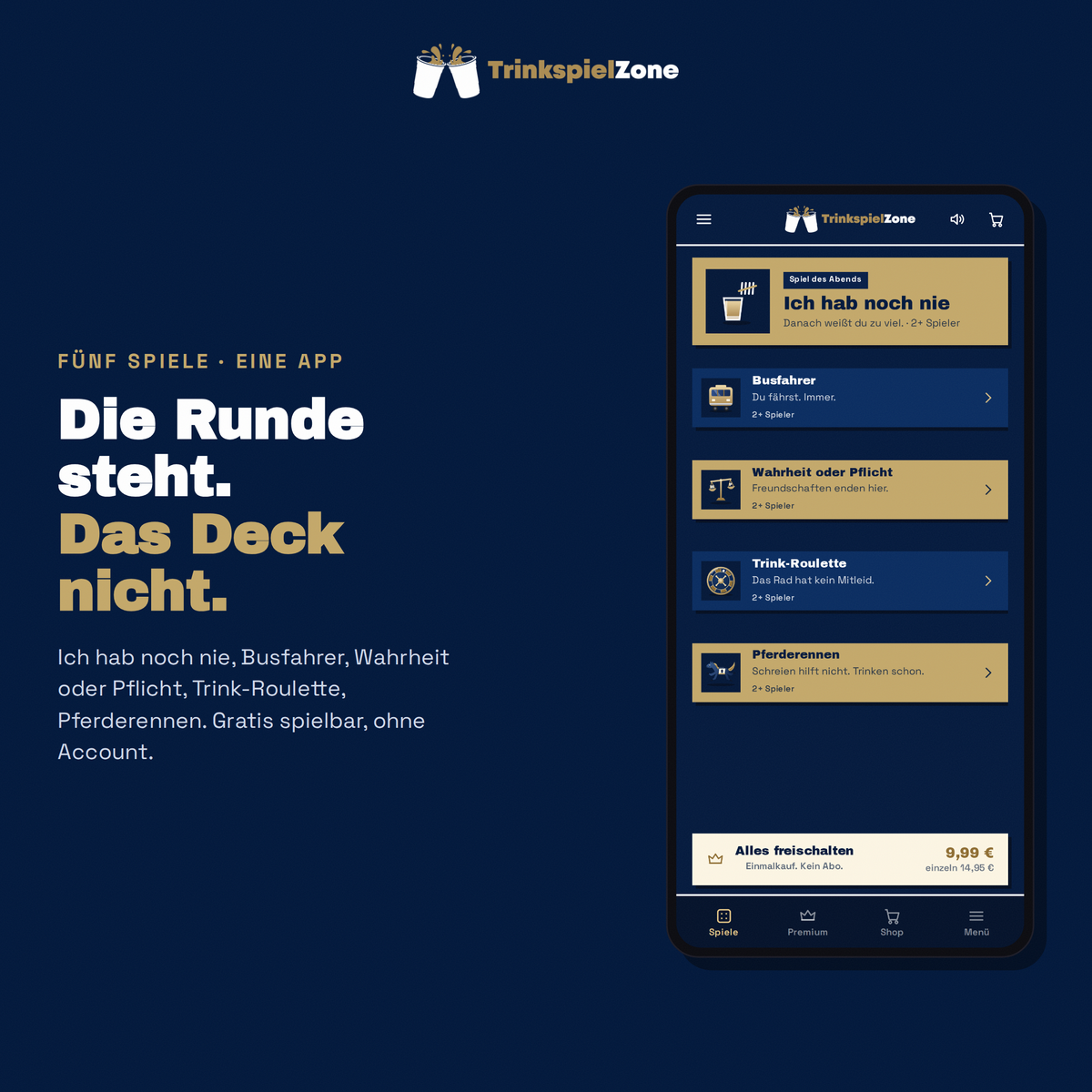 TrinkspielZone App — Startbildschirm mit fünf Trinkspielen auf dem Handy