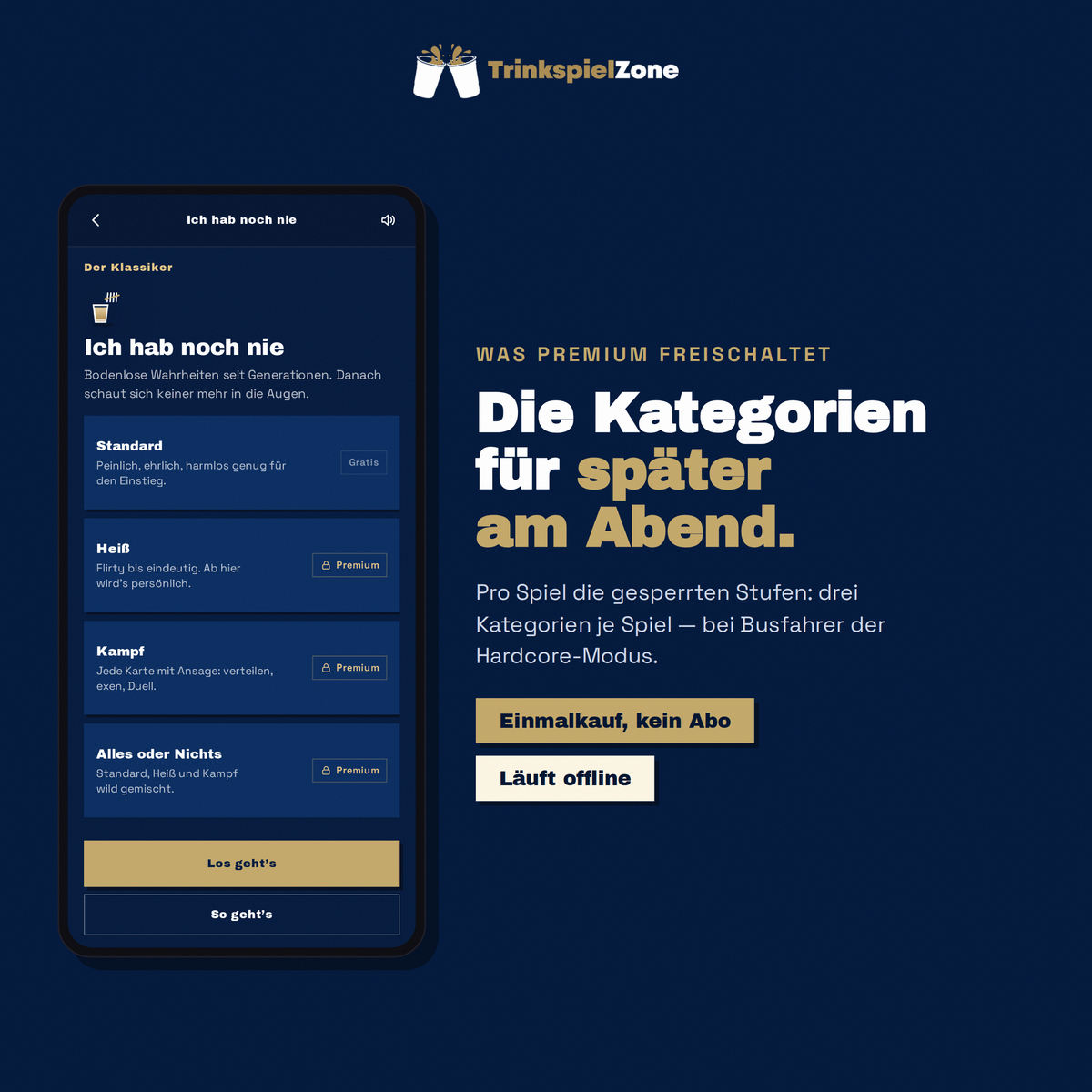 Premium-Kategorien der App: Heiß, Kampf und Alles oder Nichts bei Ich hab noch nie