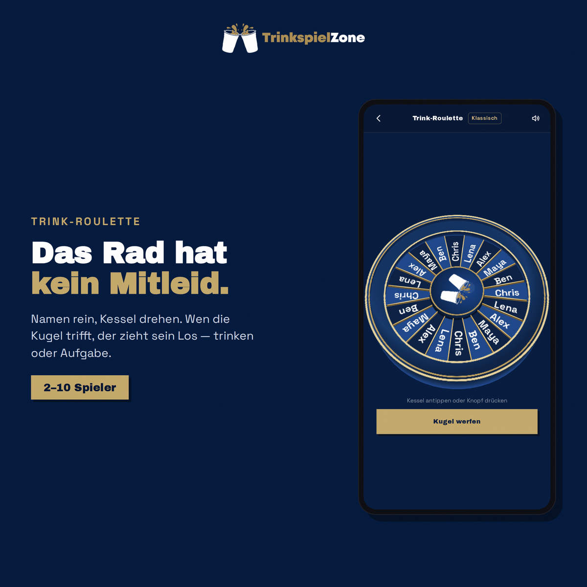 Trink-Roulette in der App: 3D-Kessel mit den Namen der Mitspieler
