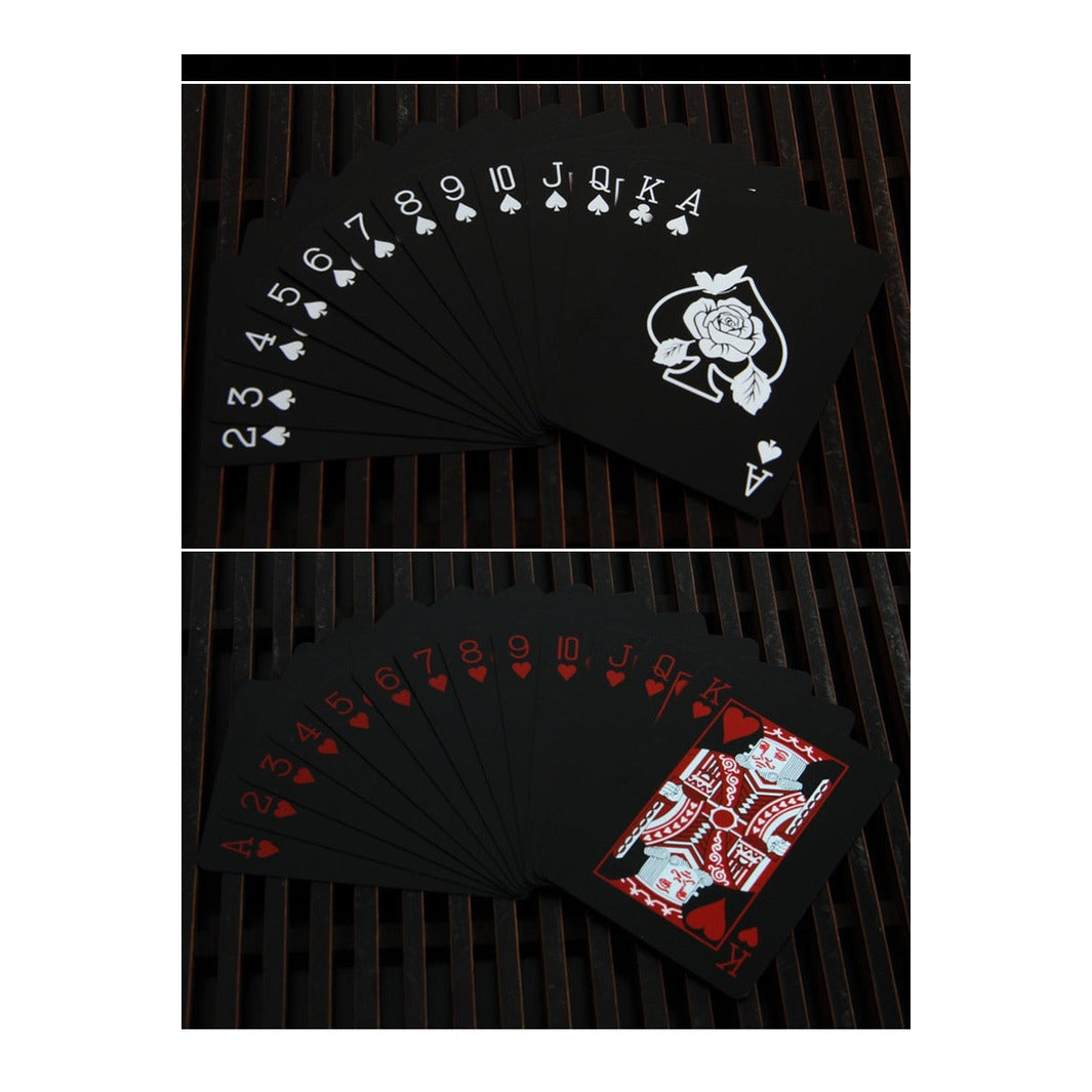 54er Waterproof Pokerkarten Set - Exklusives Rosen Design in Schwarz Rot - PVC Poker Spielkarten - Card Game