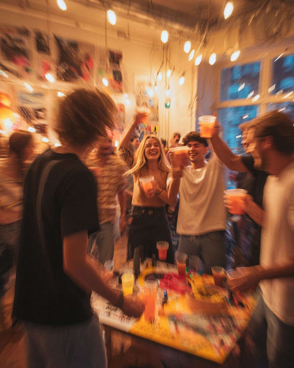 Junge Erwachsene spielen Trinkspiele bei Homeparty