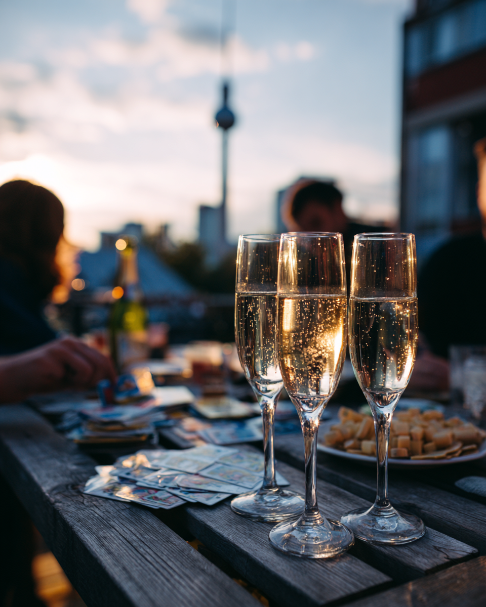 Trinkspiel Karten und Sekt bei Party mit Fernsehturm