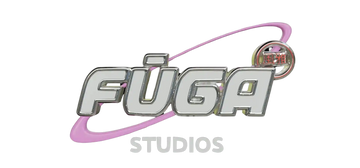 Chrome 'FUGA Studios' Logo mit pinkem Orbit.