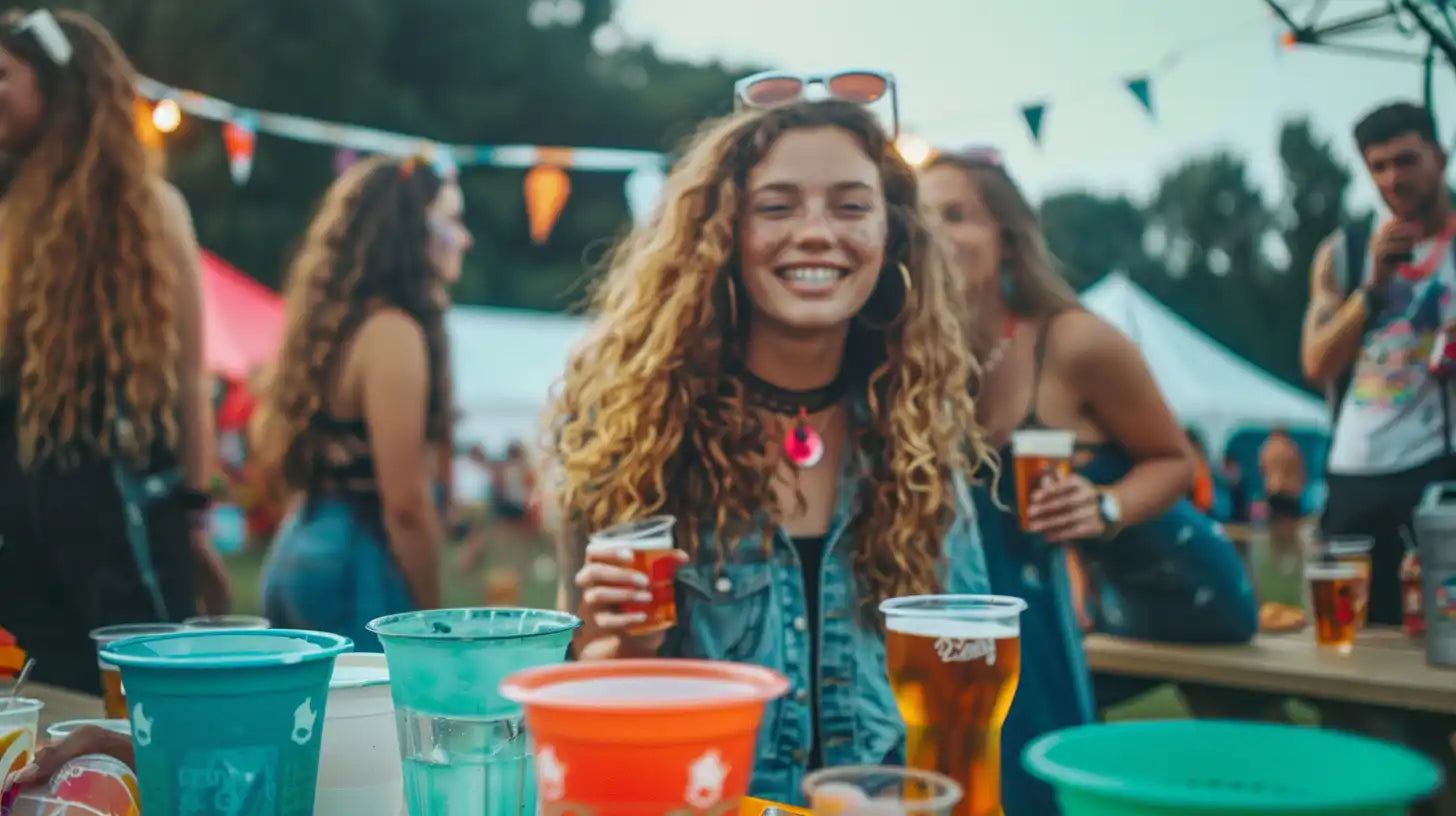 Lächelnde Frau mit lockigem Haar, die ein Getränk hält.