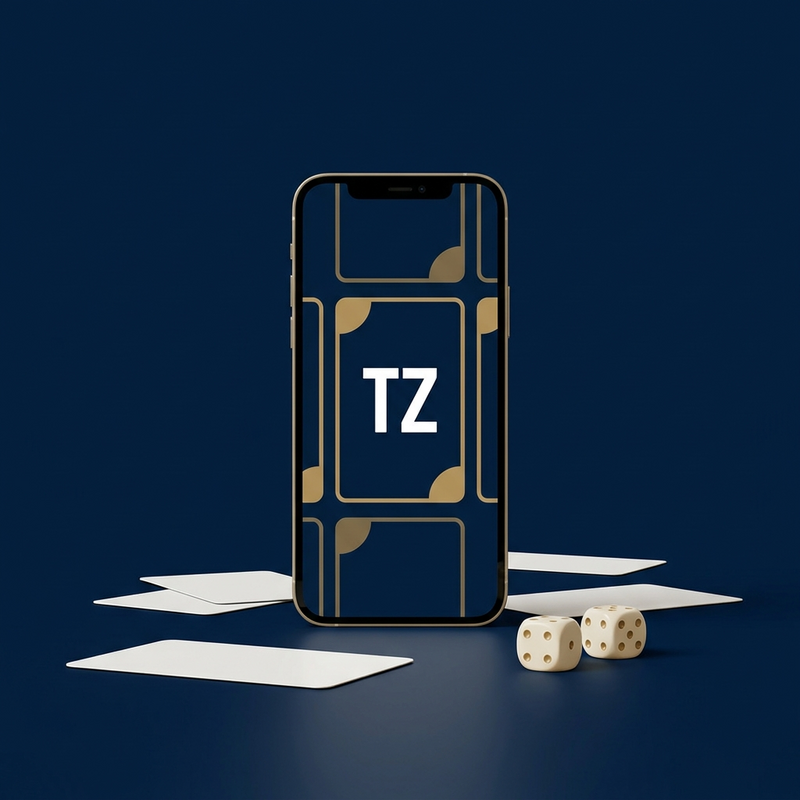 TrinkspielZone App Premium — Smartphone mit TZ-App, Spielkarten und Würfeln auf Navy