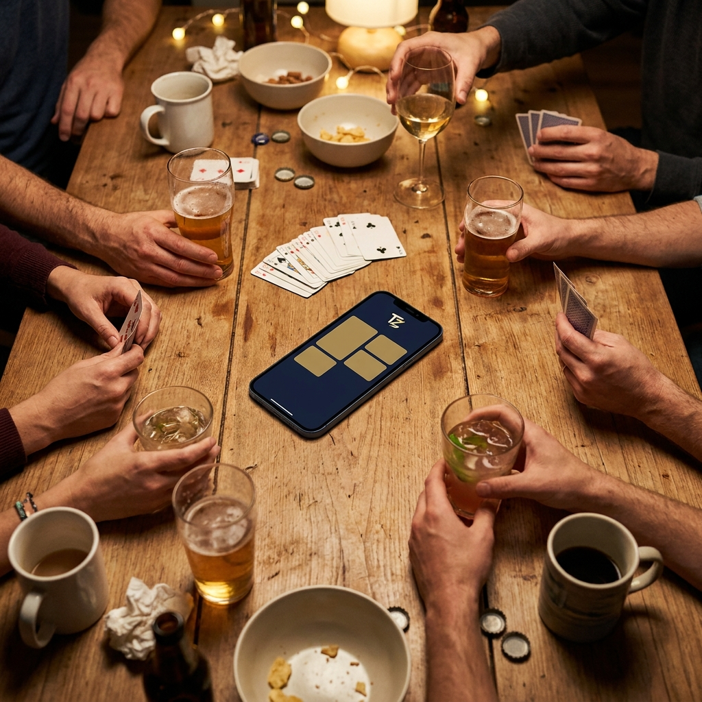 TrinkspielZone App auf dem Partytisch — Trinkspiel-Abend mit Karten und Drinks