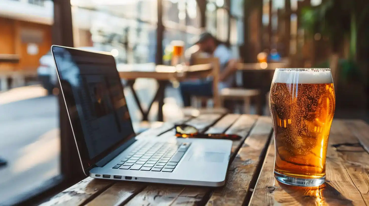 Laptop und Bier auf einem Tisch.