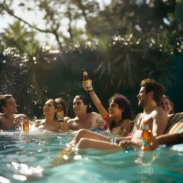 Menschen, die Bier in einem Pool genießen.