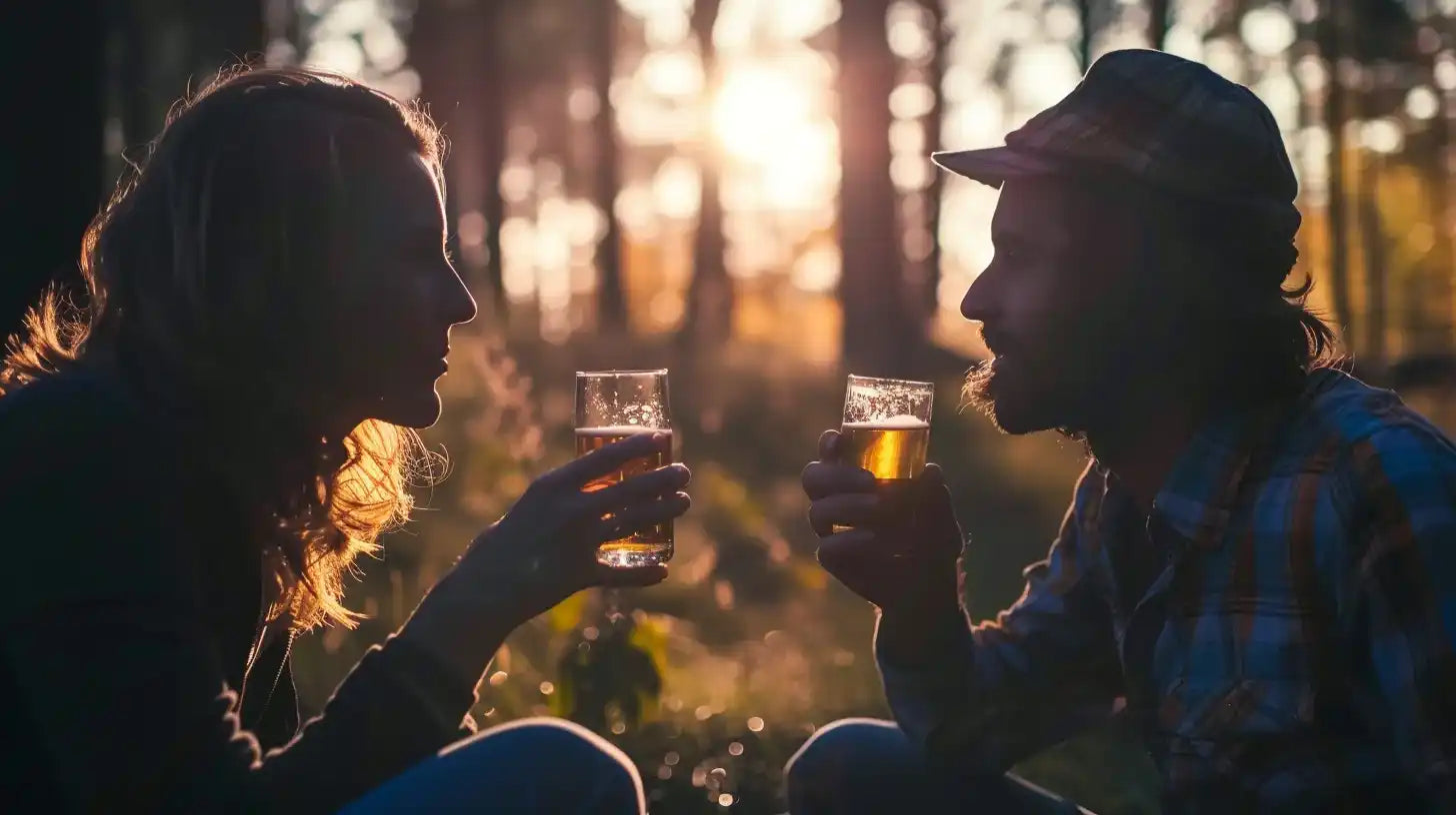 Silhouettiertes Paar, das mit Bier anstößt.